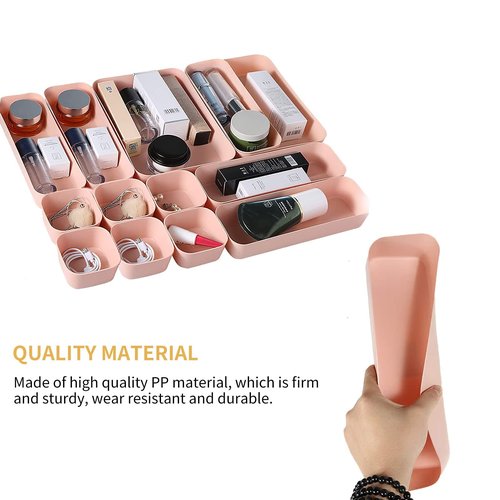 Thinkspace Beauty 12 Pieces Plastic Desk Drawer Organizer and Storage, Vanity Organizers Bins Trays Set Dividers for Makeup Office Bathroom Dresser Kitchen, Pink (39289)