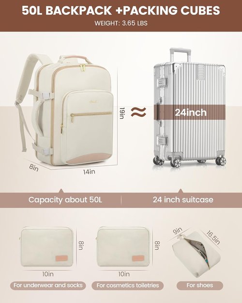LOVEVOOK Travel Backpack - 50L Airline Approved Carry-On Bag | Waterproof with 3 Packing Cubes - Beige