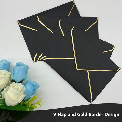 Regine Switzerland 50 Pack 5x7 Self-Adhesive Envelopes - Gold Border V-Flap for Invitations & Cards (Black)