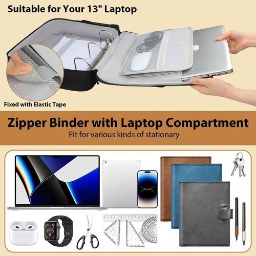 Partreko 3 inch D-ring Zipper Binder Bag for 700 Sheets&13 inch Laptop Organizer, Detachable Zip Up Binder with Removable Pen Case& Bottle Pocket for Middle High School Office Supplies Storage (Black)