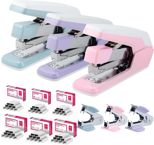 Deli Stapler - Heavy Duty Desk Stapler with 40-50 Sheet Capacity | Effortless One-Touch Loading, 3 Pack in 3 Colors
