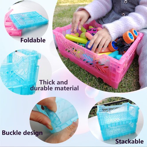 PTEREIW 4Pack Foldable Plastic Storage Crates and Bins, Collapsible Baskets for Home Office Organizer, 4L Space Saving Desk Storage Box for Small Items (Clear Pink,10.5x6.75x4.25Inch)