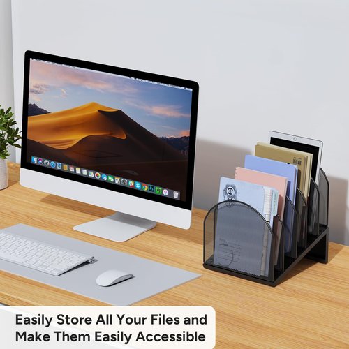 OUTIOE 5-Section Desk File Organizer, Metal Mesh Folder Organizer for Documents, Mail & Office Papers (Black)