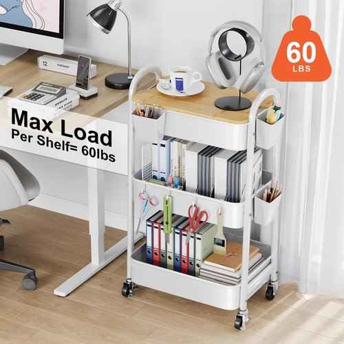 3 Tier Rolling Cart Metal with Wheels and Bamboo Table Top, Art Cart Organizer on Wheels, White Three Tiered Storage Utility Carts for Craft, Baby, Diaper Caddy,Coffee,Kitchen,Cleaning,Office Supplies