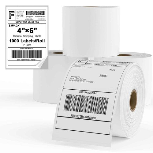 Thermal Shipping Labels, SJPACK 4”x6” Shipping Mailing Labels with Perforated Line, 3" Core, Label Stickers, Shipping Labels Compatible with Zebra Thermal Label Printers,1000/Roll, 4 Roll
