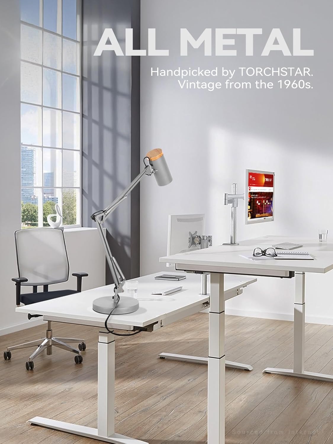 TORCHSTAR Tall Swing Arm Desk Lamp - Adjustable Metal Task Lamp with Wooden Accent | Max Height 31", Grey