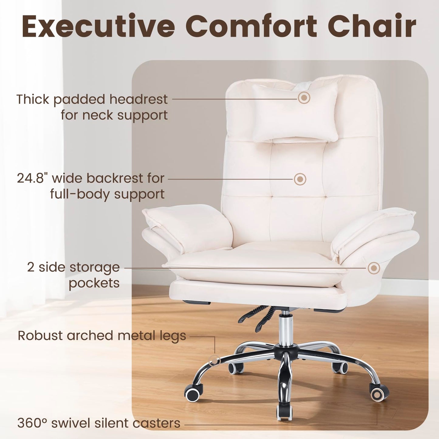 EROMMY Criss Cross Chair with Wheels, Big and Tall Velvet Office Chair Reversible Armrest and Wide Seat, Comfy Reclining Computer Chair for Gaming, Reading, Working, Beige