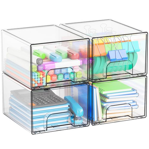 Yieach 4 Pack Stackable Storage Drawers,4.4" Tall Makeup Organizer Countertop,Clear Acrylic Storage Containers Bins for Vanity,Bathroom,Undersink,Plastic Baby Bottle and Medicine Cabinet Organization