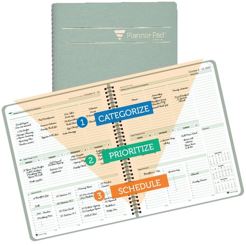Planner Pad Spiral Bound 3-Tier Funnel Down 12 Month Organizer, October 2025 – September 2026, Greenish Grey Cover/Soft Green Ink, 8 1/2" x 11"