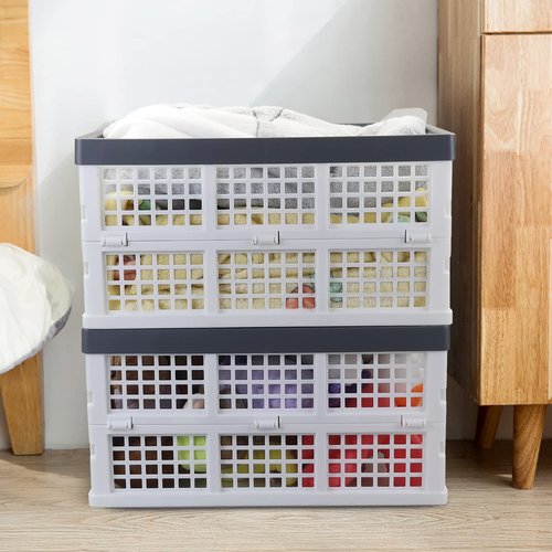 Vcansay 34 Litre Folding Plastic Storage Crates, Stackable Storage Basket, 2 Packs