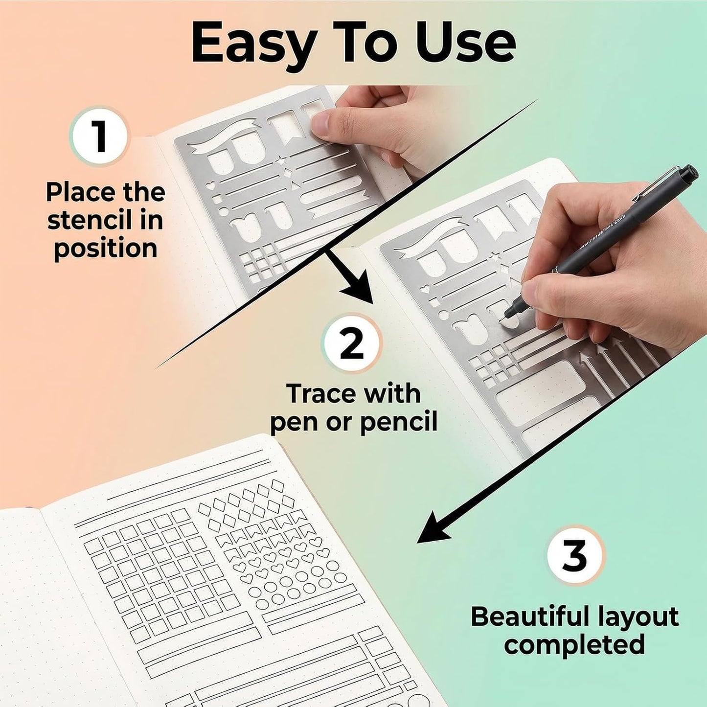 Skiennix Metal Journal Stencils - Reusable Stainless Steel for Creative Journaling | 2 Pack