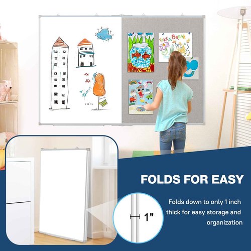 Large White Board Dry Erase Foldable Bulletin Board Combo, 48" x 36" Double Sided Dry Erase Board for Wall, Magnetic Whiteboard Bulletin Board with Linen for Office, Home, School, Kitchen -Gray