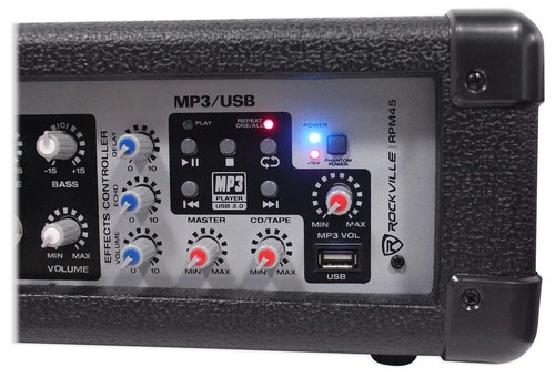 Rockville RPM45 1800w Powered 4-Channel Mixer Amplifier, USB, Effects, Phantom Power, Durable Wooden Enclosure, Compact Design, for Musicians and Small Venues