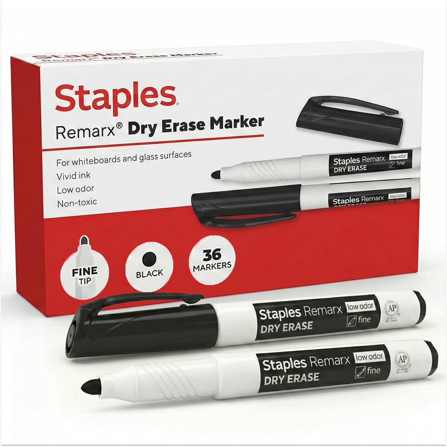 STAPLES Low Odor Dry Erase Markers, Fine Tip, Black, 36 Pack – Remarx Precision Whiteboard Markers for Offices & Classrooms