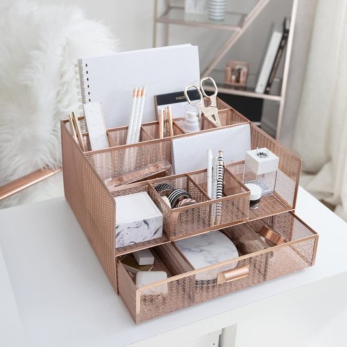 BLU MONACO Large Rose Gold Desk Organizer with 12 Compartments & Drawer – Office Supplies & File Holder, Desk Storage & Workspace Organizer