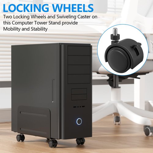 AGPTEK CPU Stand - Adjustable Width 4.7" to 8.2" with 2 Locking Wheels and 2 Caster Wheels - Black