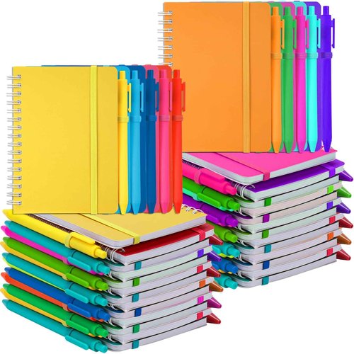 Fulmoon 100 Set A6 Spiral Notebook with Ballpoint Pen in 10 Colors 50 Sheets, 4" x 6" Bulk Ruled Small Notebooks Journals for Back to School Supplies Students Gifts Office Coworkers (Candy Brights)