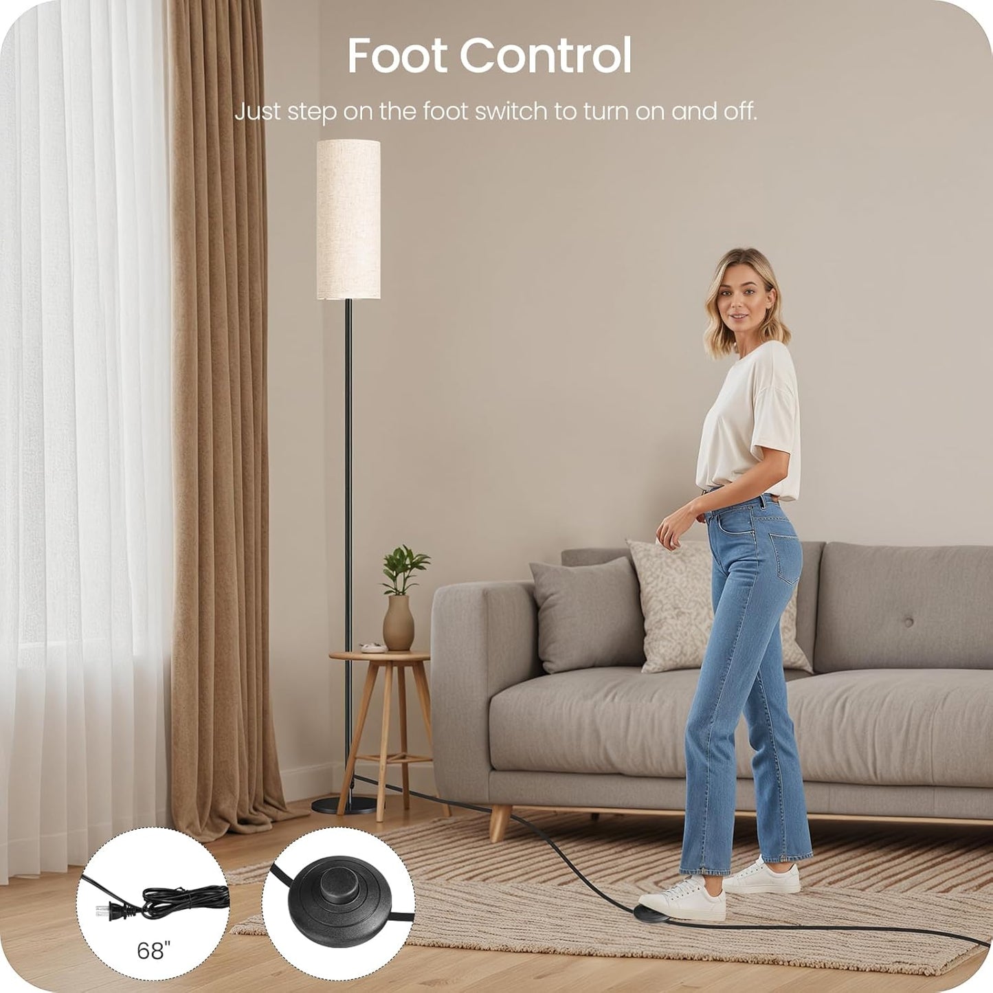 Skiennix Dimmable Floor Lamp - Modern 64.4” Standing Lamp with Remote & Foot Switch | Beige, 10W LED Bulb Included