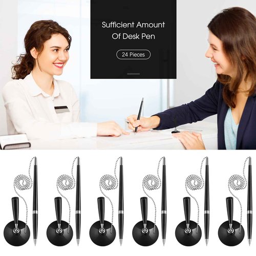 Zonon 24 Pieces Secure Pen with Chain Security Pen Holder Counter with Adhesive Chain and Base Black Ink for Reception Office Bank Work Hotel Lobbies Retail Stores Home Back to School Supplies