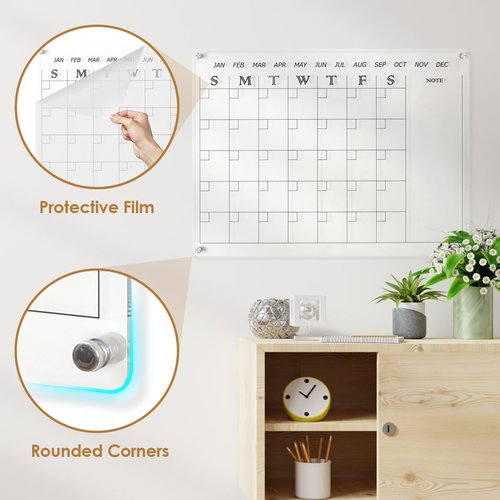 MAKELLO Acrylic Calendar for Wall, Clear Dry Erase Calendar for Office, School, Home, Bedroom, 4 Pens, Pen Holder, Wall-Mount Screws, 24x18 in