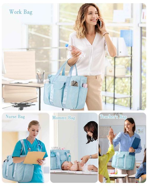 GreenTribes Work Tote Bag for Women with 15.6 Inch Laptop Compartment Quilted Nurse Bag for Work with Shoulder Strap, Zipper and Pockets (Blue)