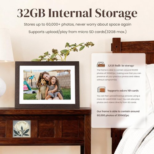 BIHIWOIA 10.1'' Frameo Digital Picture Frame - 32GB WiFi, 1280x800 IPS Touch Screen, Auto-Rotate, Black Wood
