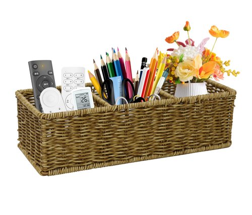 Yomjarl Remote Control Holder,Tv Remote Storage Basket,Handwoven Wicker Basket with 3 Compartments,Desk Caddy,Cosmetic & Night Stand Storage Box,Table Organizer for Office Supplies,Makeup Brush Holder