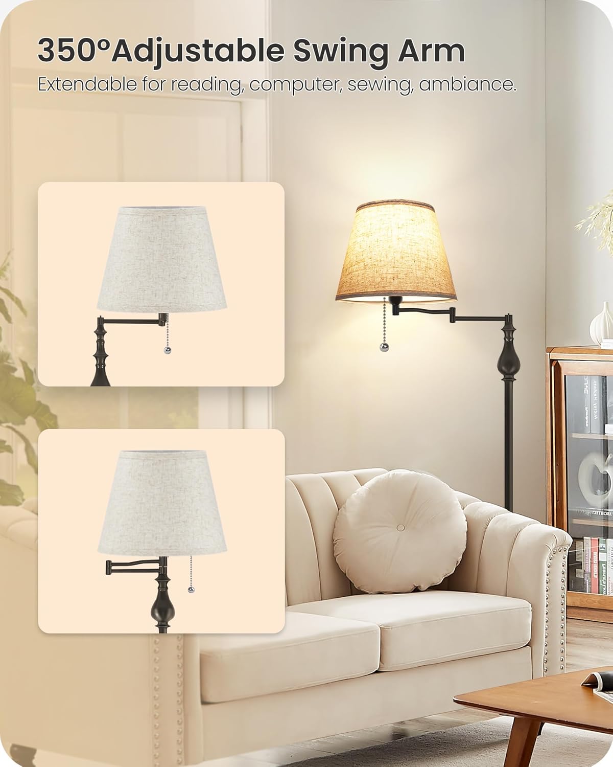 Skiennix Mid-Century Modern Floor Lamp - Adjustable Swing Arm & Pull Chain Switch - Antique Design for Living Room, Bedroom, Office