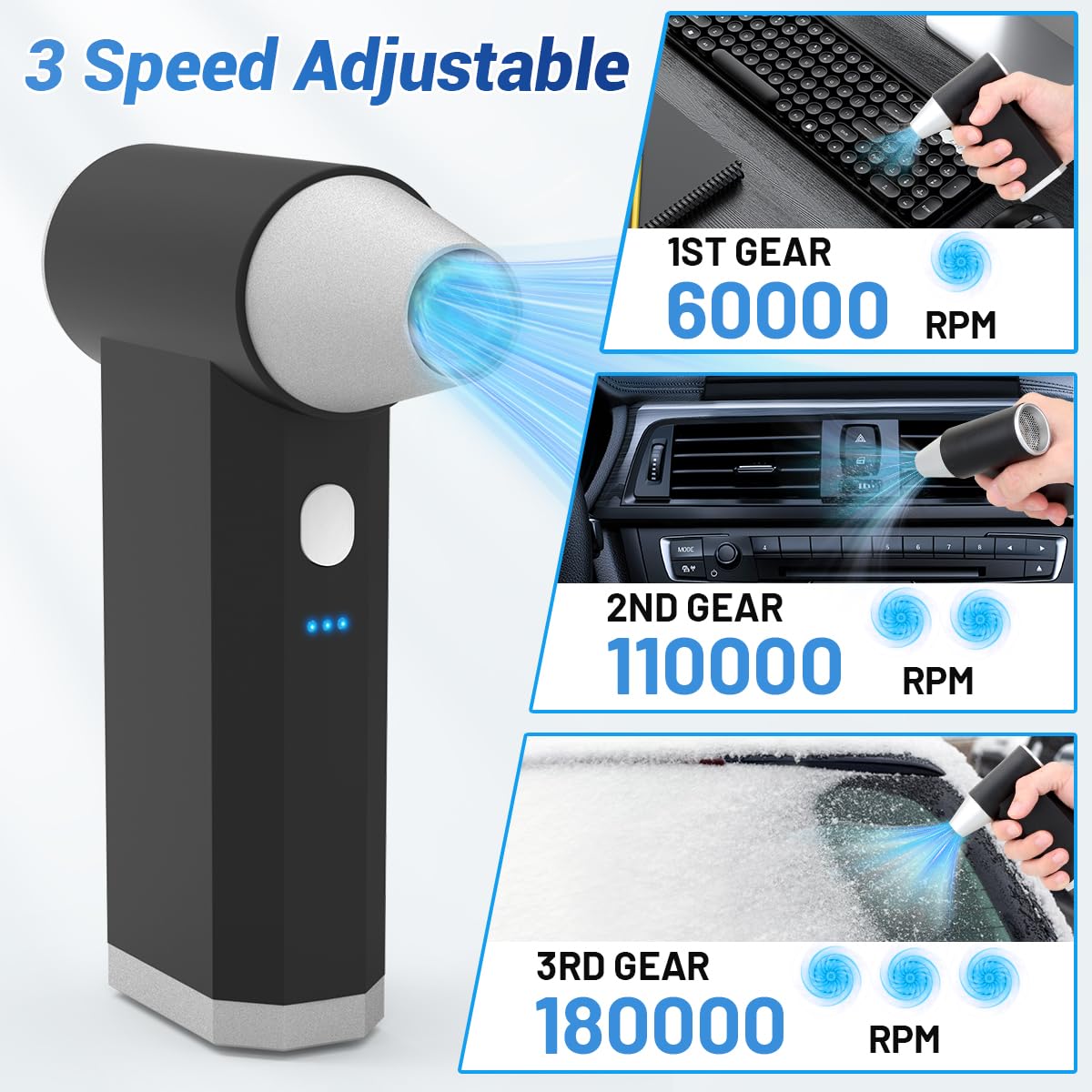 Electric Air Duster-180000RPM Compressed Air Duster, Super Power Cordless Jet Air Blower, 3-Gear Adjustable Mini Rechargeable Turbo Fan for Computer, Keyboard, House, Outdoor and Car, Gifts for Men