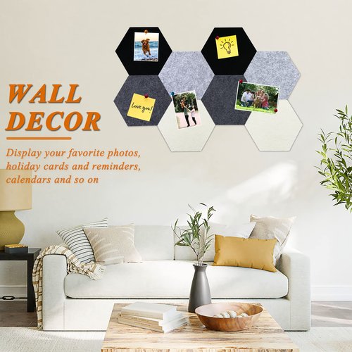 HULAVO 8Pcs Hexagon Felt Cork Board Tiles, Self Adhesive DIY Bulletin Board Pin Board for Office School Home Wall Decor Stickers Memos Photos Display (Gradual Grey)