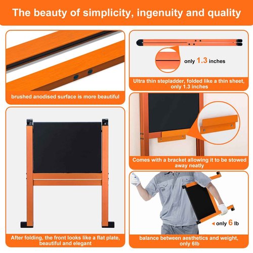 Ainai Folding Step Stool,Aluminum Ultra Thin Stool,400 Lbs Capacity Heavy Duty with Anti-Slip Sturdy and Wide Pedal,Closet Step Ladder for Home,Kitchen,Office and Dorm Bed (Orange)