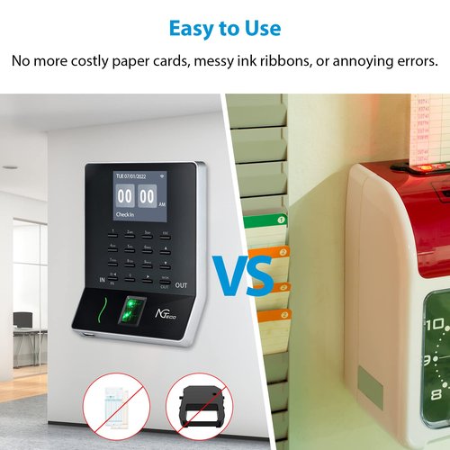 NGTeco Time Clock, App Fingerprint Employee Attendance Machine for Employees Small Businesses, No Remote Access 2.4GHz LAN WiFi Time Card Punch Machine (No Monthly Fee)