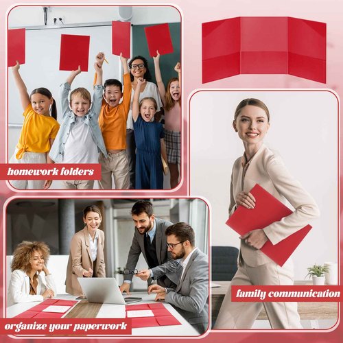 Tenceur 24 Pcs Tri Fold 3 Pocket Folder Plastic Folders with Pockets for Work Class Office Back to School Supplies(Red)