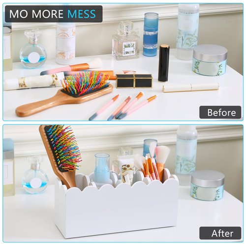 Sherr Scalloped Wooden Pencil Holder for Desk Wooden Office Desk Organizers and Accessories with 4 Compartments Cute Makeup Brush Holder Organizer for Bathroom Remote Caddy for Table for Party