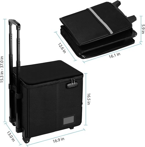 futaiphy Portable fireproof rolling file box with Telescopic handle,file cart with wheels,File Storage Box with lock, file cabinet Collapsible Milk Crate Utility Carts (Black)