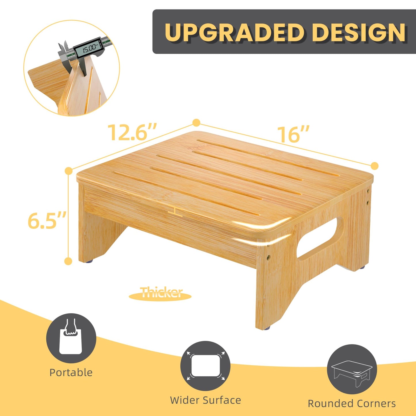 Wooden Step Stool for Adults & Kids, Non-Slip Rubber Feet, 6.5 INCH High, Lightweight Small Step, 450 LBS Capacity, Bed Step Stool for High Bed, Bathroom & Kitchen (Bamboo)