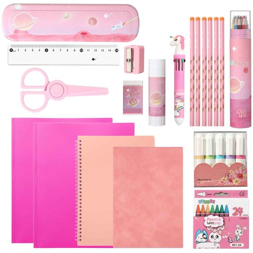 Sabary 58 Pcs Back to School Supply Bundle Kit for Girls Grades K-12, Essentials Box of Supplies Bundle, School Classroom Essentials Include Folders Notebook Pencil Pen Ruler Scissor and More(Pink)