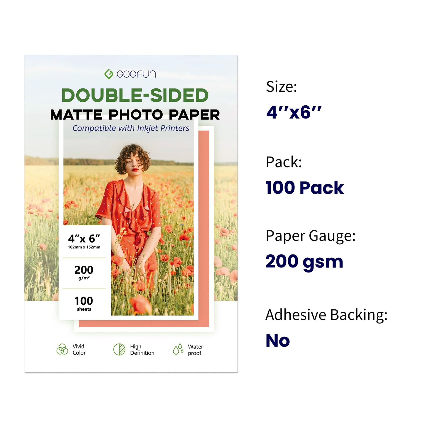 Double Sided Matte Photo Paper 4x6, Goefun 200GSM/54LB Inkjet Printer Paper for Dye Ink and Pigment Ink, 100 Sheets