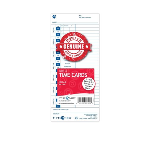 Pyramid Time Systems - 30% Recycled Time Cards (35100-10MB) for Pyramid Models 3500, 3500SS, 3600SS, and 3700 Time Clock and Document Stamp, Single Sided Time Sheets (4 X 9 in) - 1000 Time Cards
