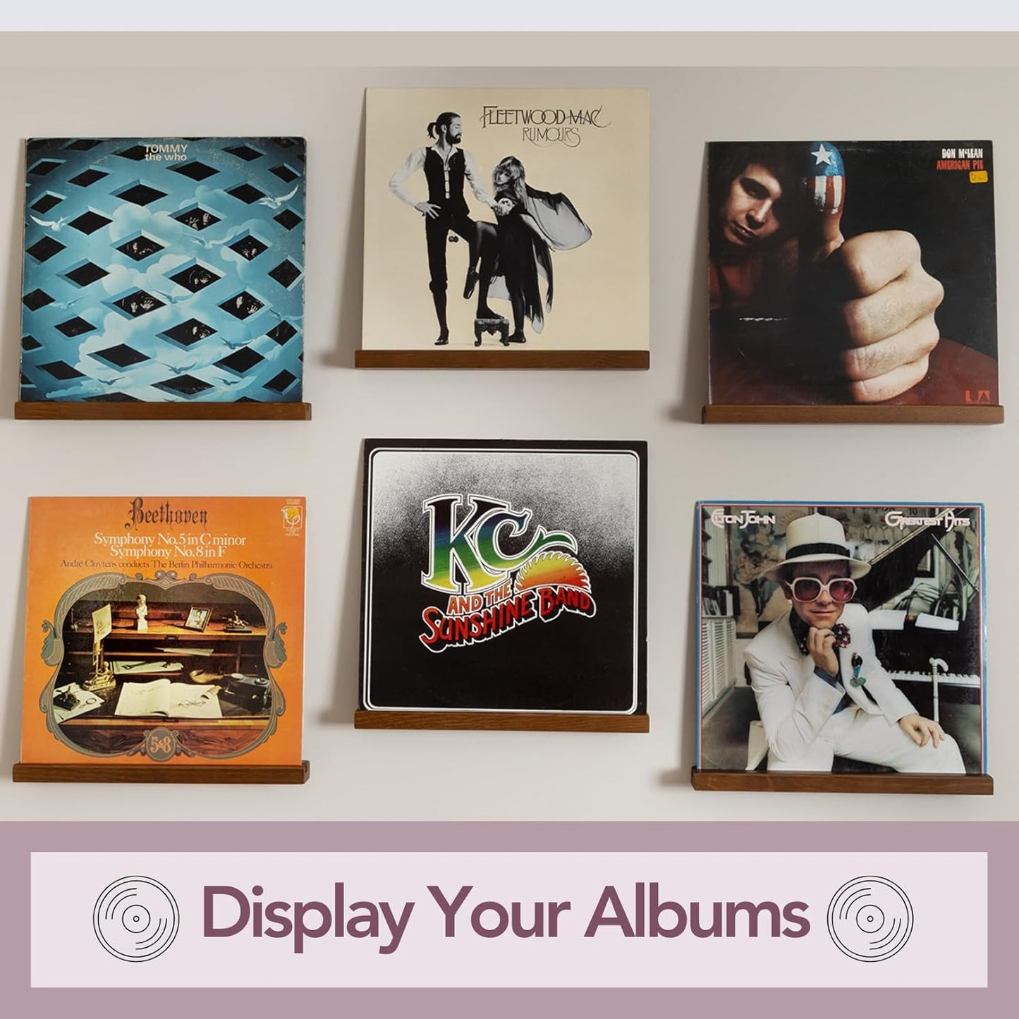 Vinyl Record Holder by Pinewood - Pack of 6 Wall Mounts with 2 Mounting Options | Walnut Stain Finish