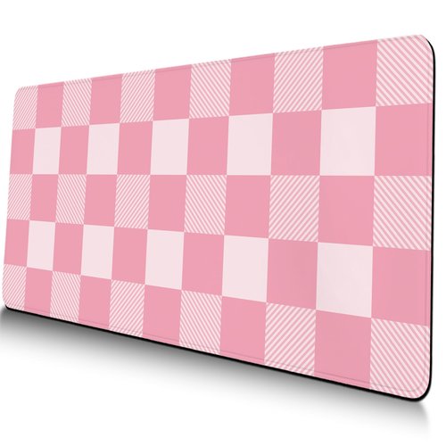 Checkered Mouse Pad Gaming, Large Mouse Pad for Desk, Checkered Desk Mat Extended Mousepad with Non-Slip Rubber Base Stitched Edge, Long Keyboard Mat for Gaming Home Office, Pink, 35.4" x 15.7"