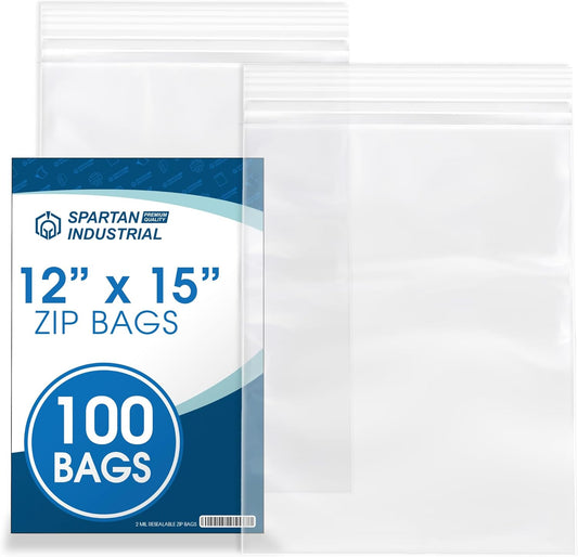 Spartan Industrial - Clear Reclosable Zip Plastic Poly Bags | 12" X 15" | 100 Count, 2 Mil Thickness