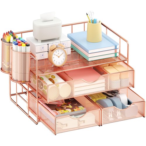Marbrasse 3 Tier Mesh Desk Organizer with Drawer, Multi-Functional Desk Organizers and Accessories, Paper Letter Organizer with 2 Pen Holder for Home Office Supplies - Rose Gold