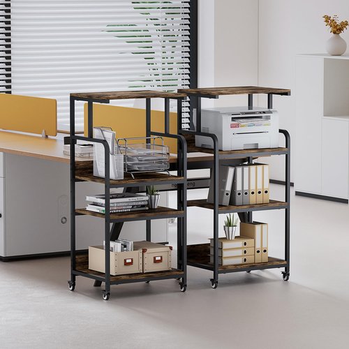 4 Tier Printer Stand with Storage Shelf, Large Tall Printer Table for Home Office, Movable Printer Cart with Industrial Wheels for Paper Shredder Scanner Fax Heat Press Small Space (Rustic Brown)