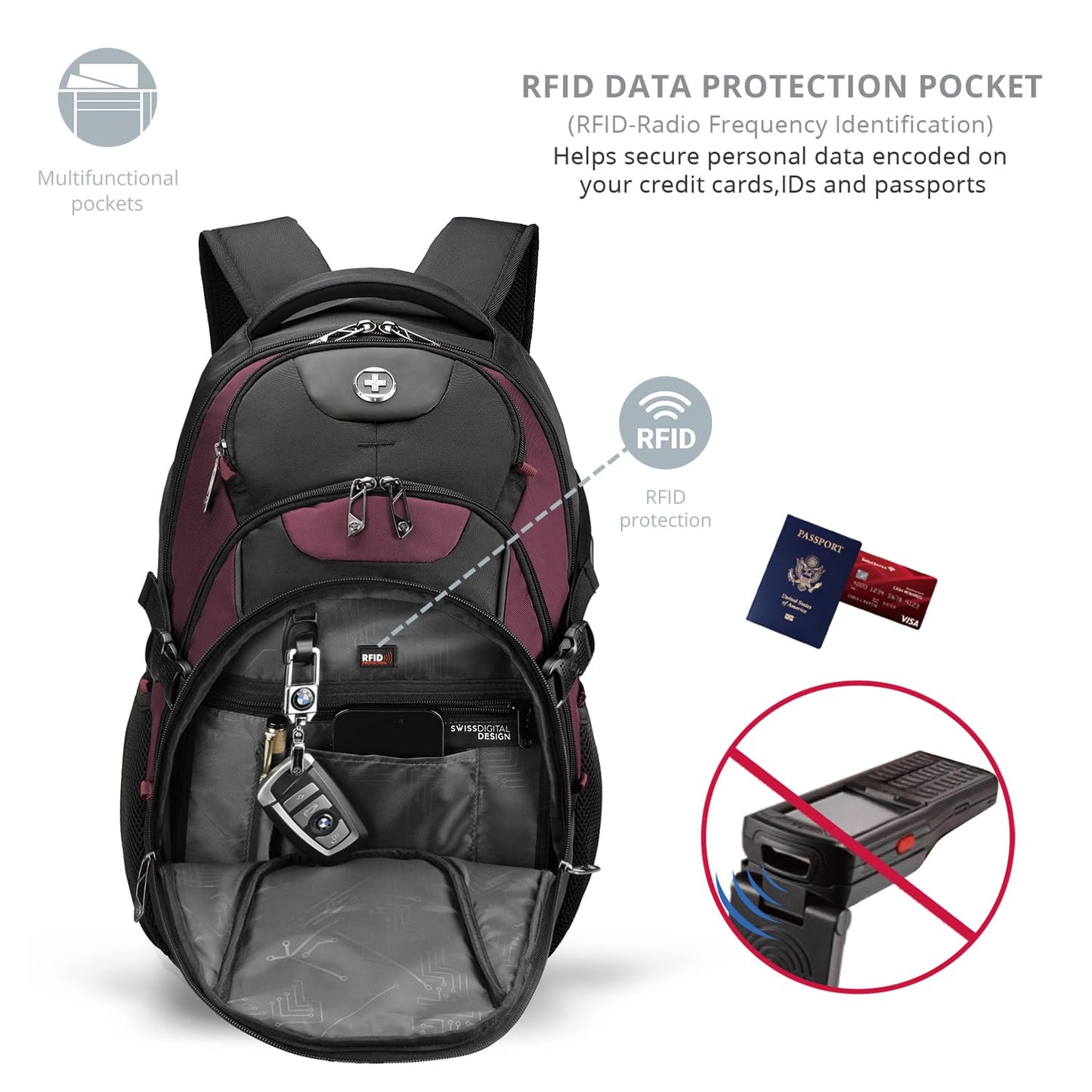 Swissdigital Design Laptop Backpack with USB Charging Port, Travel Backpack Fits 15.6 inches Computer, 31L College School Backpack for Women, Angola red/Black | SD803-44