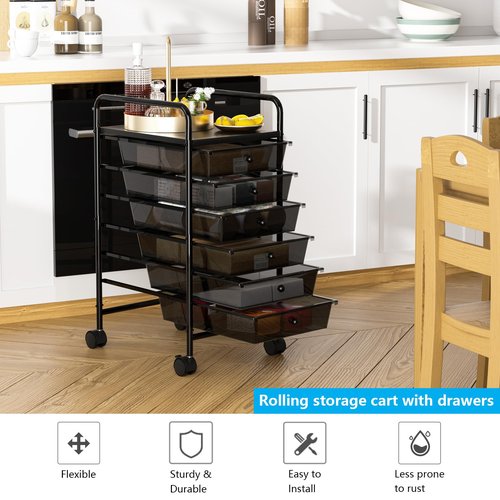 Metal 6 Tier Rolling Cart with 6 Drawers,1 Table Top & 4 Wheels, Utility Grocery Craft Cart on Wheels for Classroom, Office, Bathroom, Kitchen, Bar, Home Storage and Organization, Dorm Room Essentials