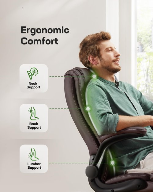 Marsail Executive Office Chair with Flip-up Armrests,PU Leather Ergonomic Desk Chair Height-Adjustable Swivel Rolling Computer Desk Chair
