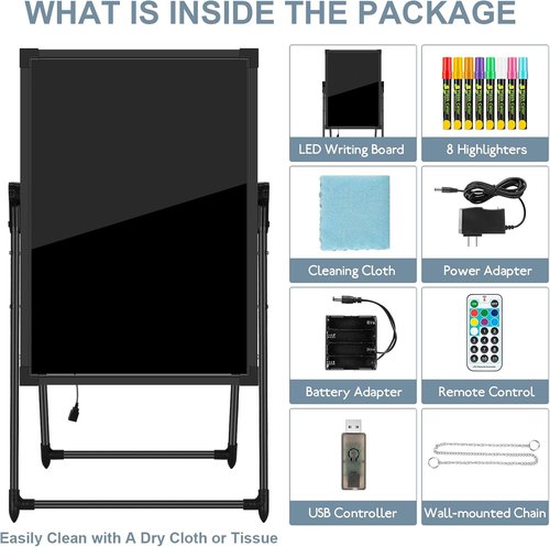 LED Menu Board - 24" x 16" Illuminated Writing Board with Remote Control & Neon Effect | Includes 8 Chalk Markers & Eraser