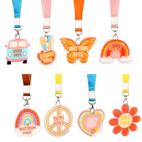 CORNER LACE 8Packs Groovy Acrylic Hall Pass Lanyards Set, Unbreakable School Passes & Soft Lanyards Set, Elementary Middle School/Teacher Supplies for Classrooms Hall Library Restroom Nurse Office