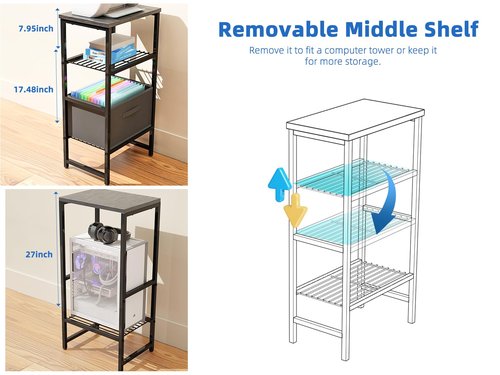 Printer Stand with Storage Shelves and Fabric Drawer, 4-Tier 11.8" D x 16" W x 32" H Printer Table, Side Table Desk for Home Office, Metal Shelf Holder for Fax Machine, Scanner, Black